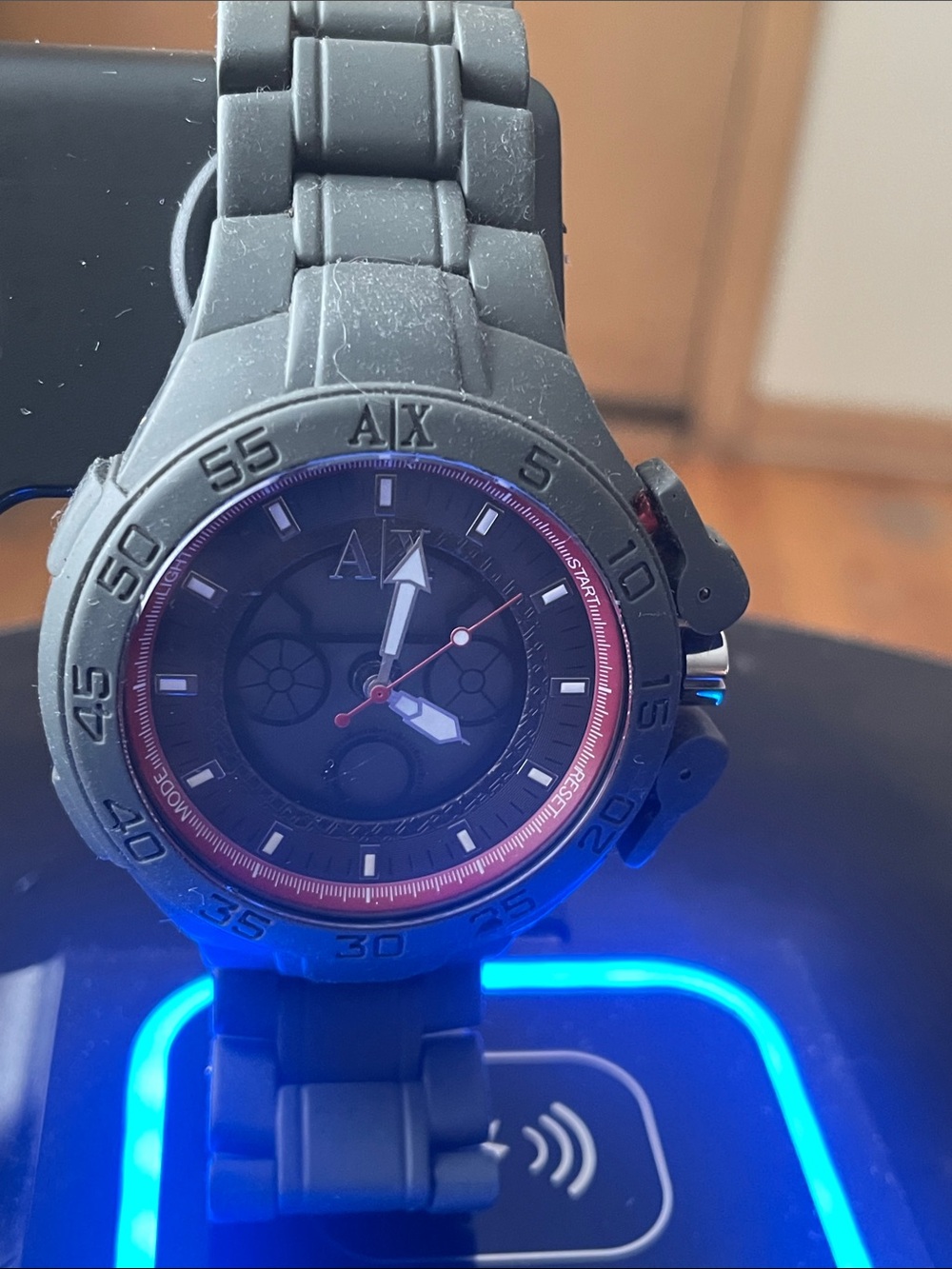 Armani Exchange Black Silicone Chronograph with Red Accent Ring